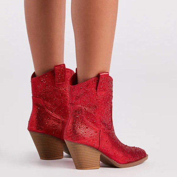 NEW Red Western Style Bedazzled Cowboy Ankle Boots - Picture 8 of 14